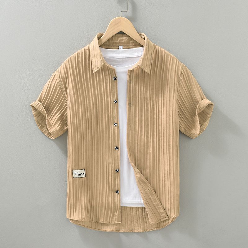 Men's Clothing Short Sleeved Thin Ice Silk Free Ironing Wrinkle Texture Casual Loose Cardigan White Shirt_viptrois.com