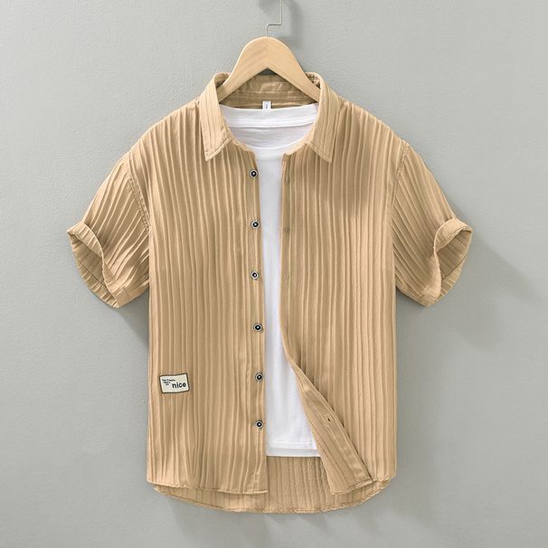 Men's Clothing Short Sleeved Thin Ice Silk Free Ironing Wrinkle Texture Casual Loose Cardigan White Shirt_viptrois.com