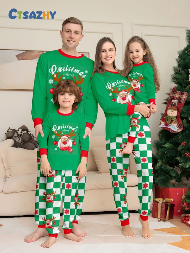 Christmas deer letter plaid Christmas family print home dress pajamas_viptrois.com
