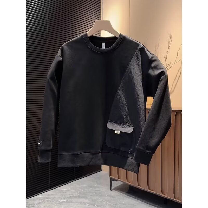 Men's Long Sleeved Crew Neck Sweatshirt Autumn/Winter Patchwork Pockets Solid Color Versatile Youthful Base Layer Shirt_viptrois.com