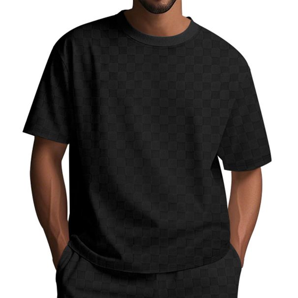Men's Summer New Checkerboard Check Short-sleeved T-shirt Loose Drop Shoulder Round Neck Casual Tops_viptrois.com
