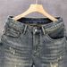Men's Retro Washed Distressed Denim Shorts Trendy Cool Loose Straight Leg Five Quarter Length_viptrois.com