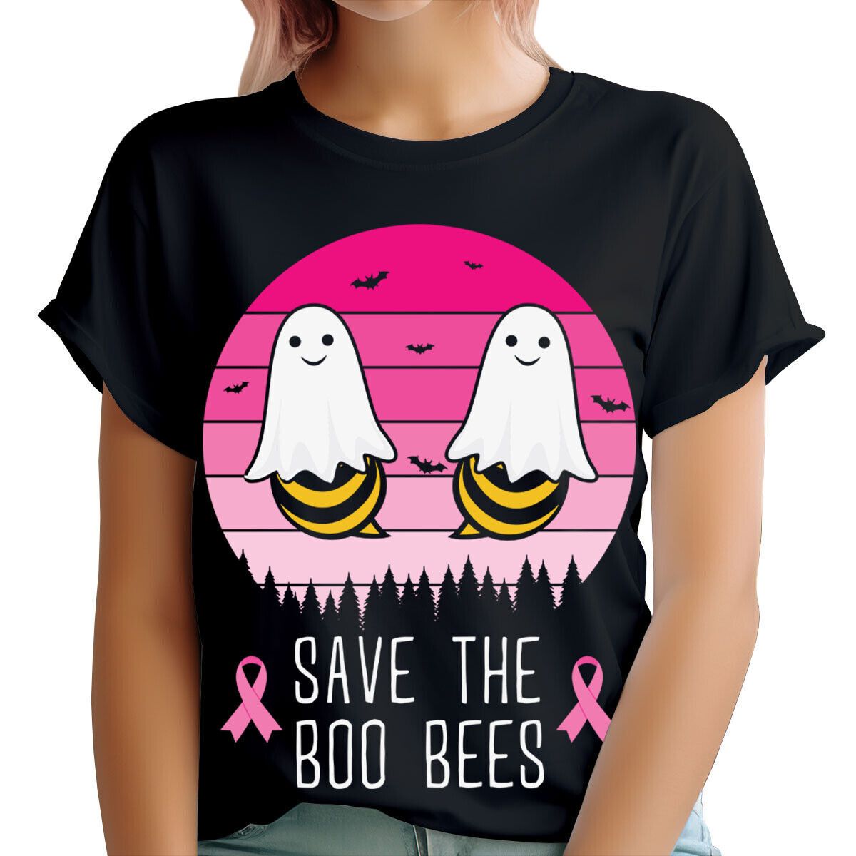 Boo Bees Breast Cancer Awareness Pink Ribbon October Womens 100% Cotton T-shirt Mens Tees Top Top #TA-188_viptrois.com