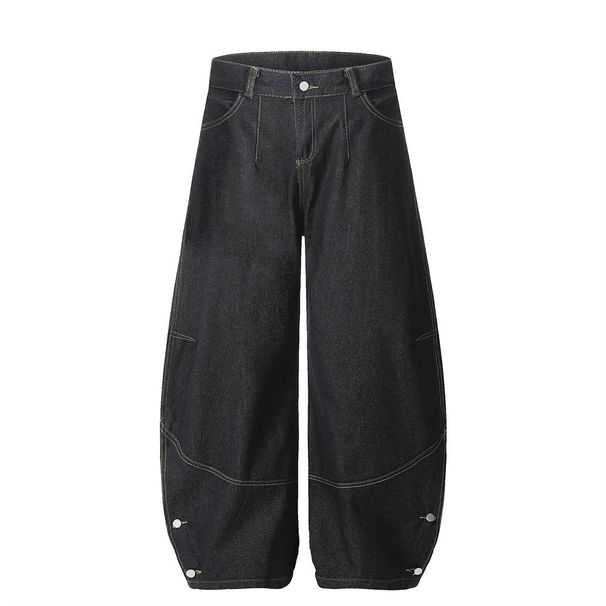 Button Split Scimitar Jeans Men's Street Trendy Vibe Style Loose Versatile Wide-Leg Pants Floor-Length Trousers_viptrois.com
