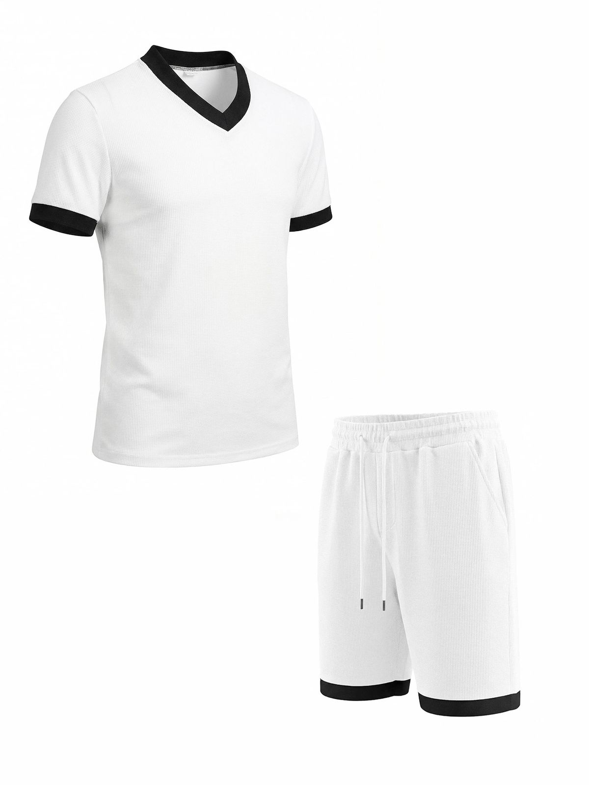 Men’s Summer Waffle-Knit Contrast Trim Set – V-Neck Short Sleeve & Shorts Casual Sportswear Outfit – Breathable & Stylish Matching Two-Piece_viptrois.com