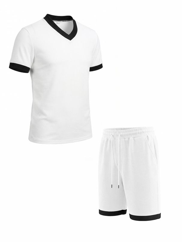 Men’s Summer Waffle-Knit Contrast Trim Set – V-Neck Short Sleeve & Shorts Casual Sportswear Outfit – Breathable & Stylish Matching Two-Piece_viptrois.com