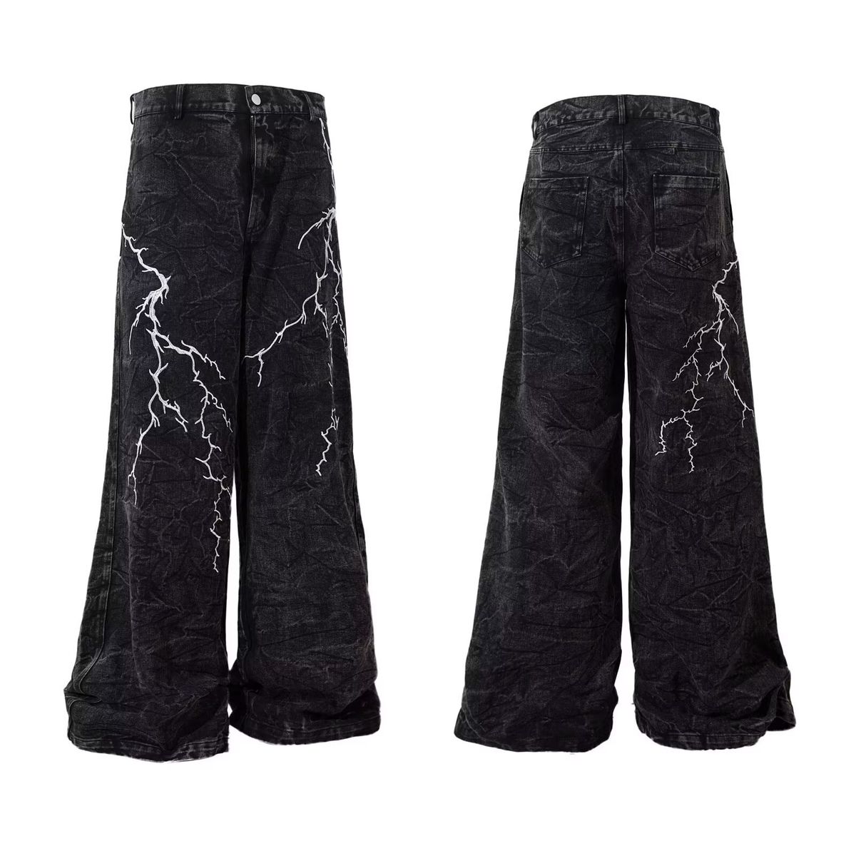 Niche Lightning Embroidered Wide Leg Jeans For Men, Spring/Autumn Style, American Street Style, Loose Fit, Casual Design, Washed Long Pants_viptrois.com