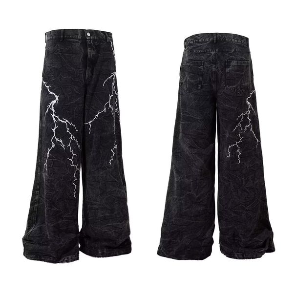 Niche Lightning Embroidered Wide Leg Jeans For Men, Spring/Autumn Style, American Street Style, Loose Fit, Casual Design, Washed Long Pants_viptrois.com