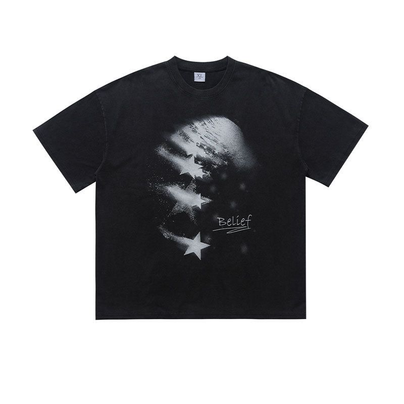 Summer Chinese Trend Brand American Style Washed Star Distressed Print Loose Fit Couple T-Shirt_viptrois.com