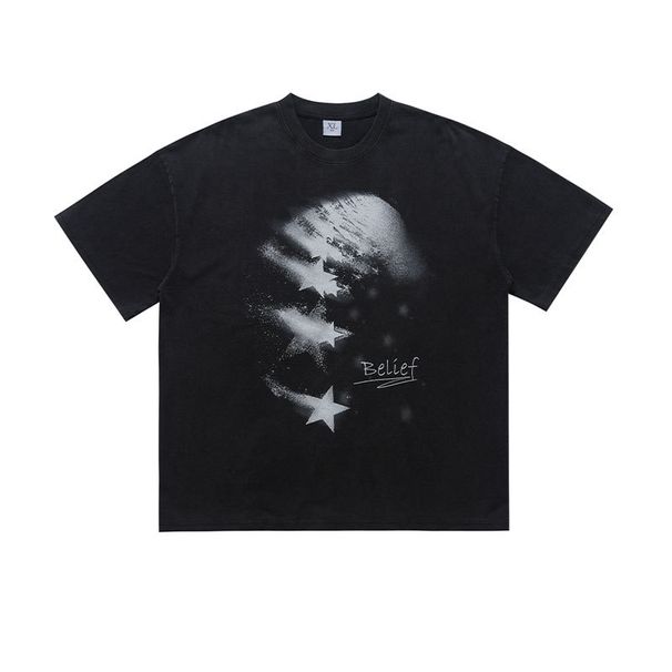 Summer Chinese Trend Brand American Style Washed Star Distressed Print Loose Fit Couple T-Shirt_viptrois.com