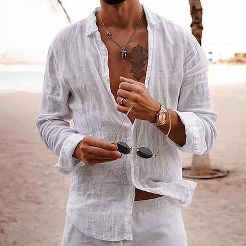 Men's Clothing New Cotton And Linen New Men's Long Sleeved Shirt Solid Color Lapel Casual Style Shirt_viptrois.com
