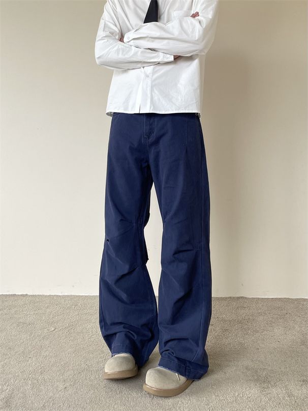 Unisex Pleated Cargo Pants High Waist Straight Leg Cleanfit Style Washed Cotton Elastic Trousers For Men Women_viptrois.com