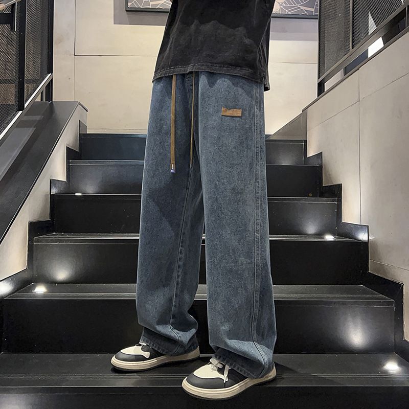 Black Jeans Trendy Style Loose Straight Leg Wide Leg Pants Midweight Polyester Spring Autumn Junior Senior High School Students Long Trousers_viptrois.com