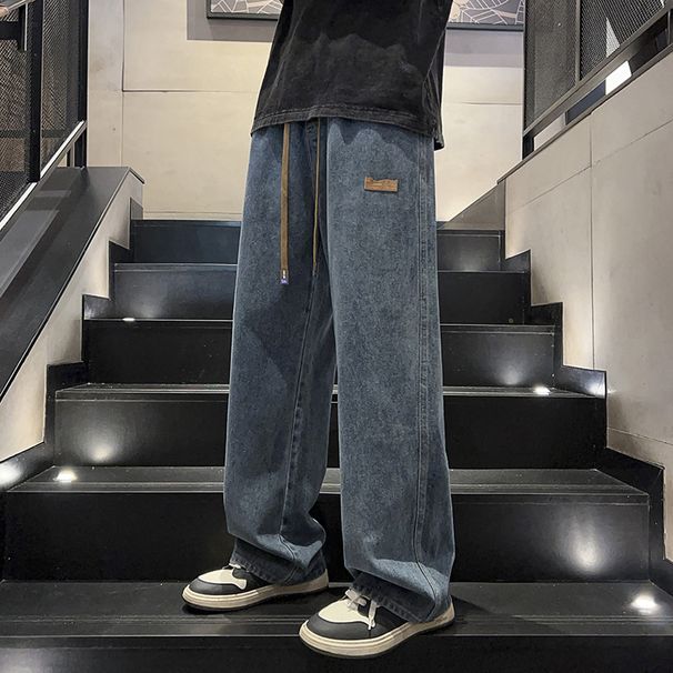 Black Jeans Trendy Style Loose Straight Leg Wide Leg Pants Midweight Polyester Spring Autumn Junior Senior High School Students Long Trousers_viptrois.com