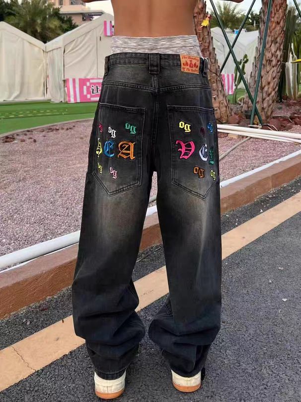 Men's Clothing Retro Gradient Letter Embroidered Jeans Men And Women Trendy Straight Loose Mopping Pants_viptrois.com