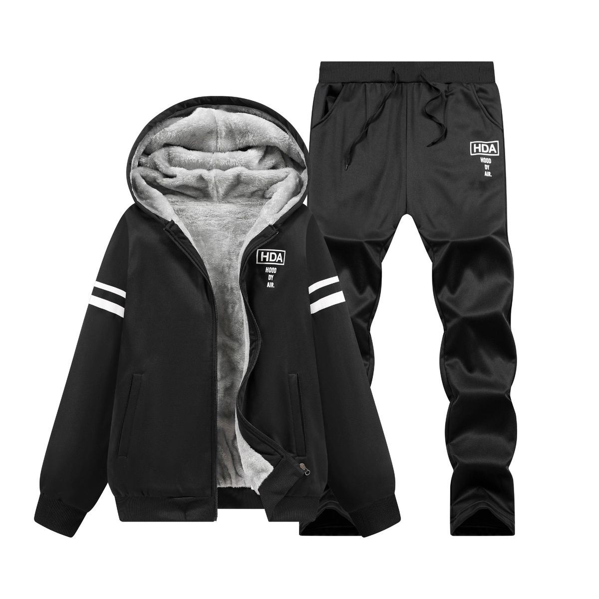 Men's Fleece-Lined Hoodie Set Winter Warm Thick Pullover Sweatshirt With Zip-Up Jacket Casual Sportswear Outfit_viptrois.com