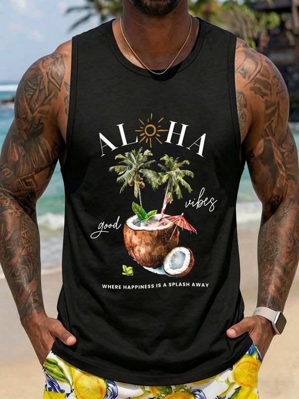 Canotta Uomo Girocollo 100% Cotone Stampa Palme Cocco Aloha Traspirante Senza Maniche Spiaggia Estivo Casual Multicolore_viptrois.com