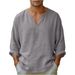 Linen Men's Casual Top Long Sleeved Loose V Neck Old Fashioned T Shirt_viptrois.com