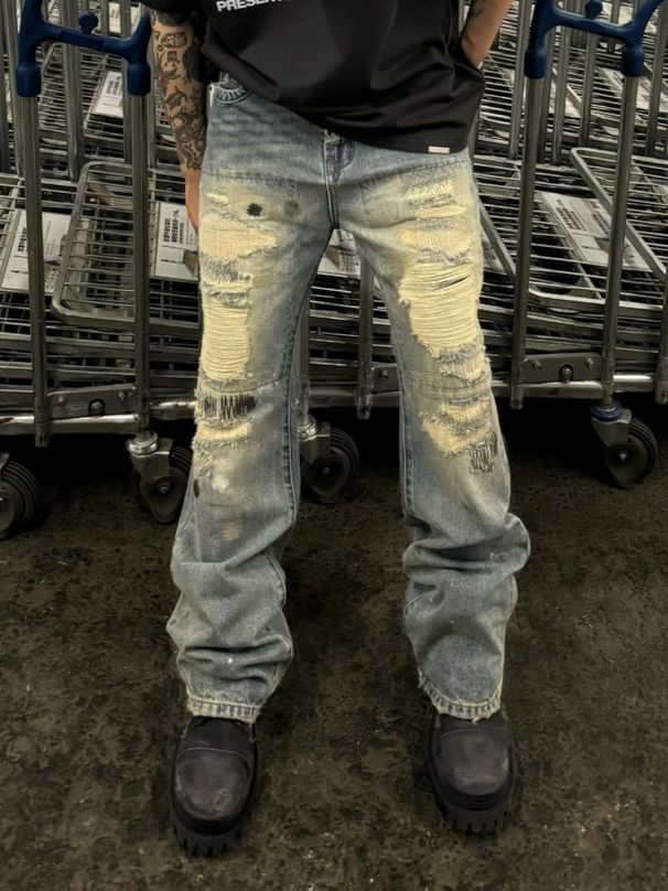 Men's Distressed Washed Ripped Jeans High Street Grunge Style Patchwork Splatter Paint Loose Straight Leg Flared Hem_viptrois.com