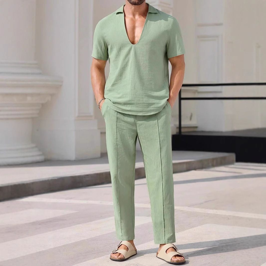 Men's Clothing New Men's Commuter Suit Solid Color Casual Shirt Short Sleeved Trousers Men's Outing Trend_viptrois.com