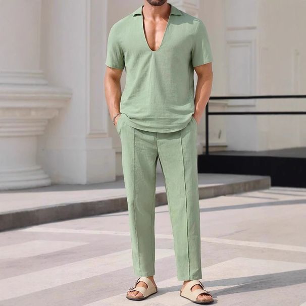 Men's Clothing New Men's Commuter Suit Solid Color Casual Shirt Short Sleeved Trousers Men's Outing Trend_viptrois.com