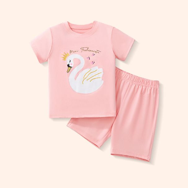Mother & Kids Summer New Children's Cartoon Casual Fashion Short Sleeved Shorts Suit Sweet And Cute Swan Clothing_viptrois.com