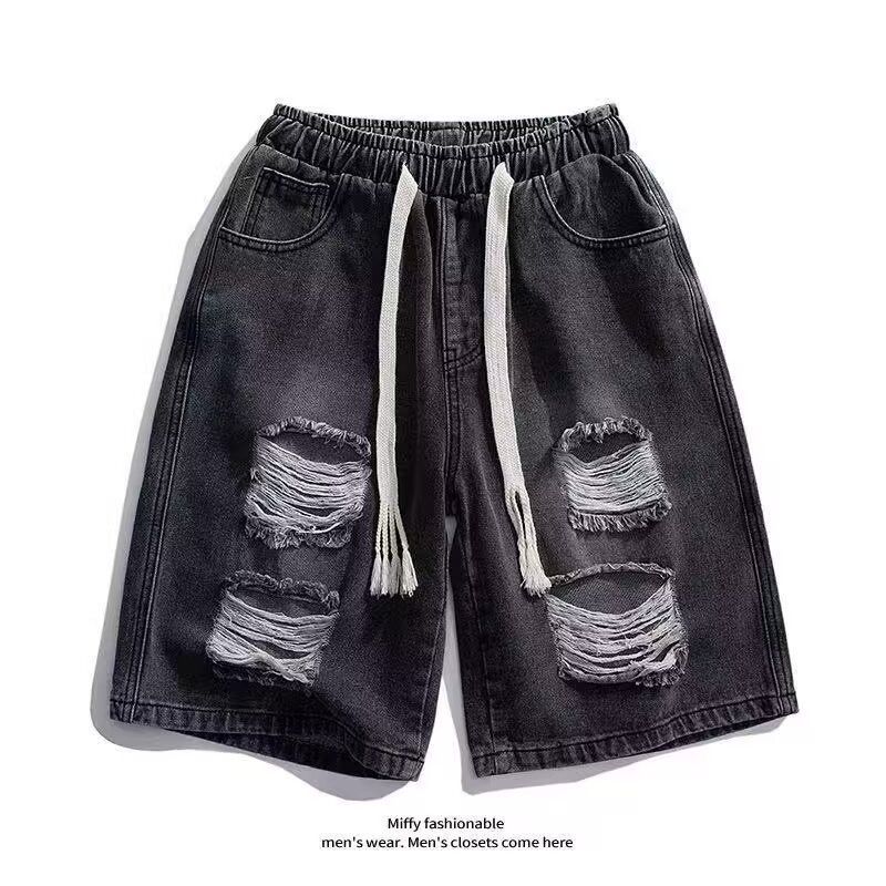 Men's Clothing Drawstring Elastic Waist Ripped Denim Shorts Street Fashion Straight Large Size Casual Five Point Mid Length Pants_viptrois.com