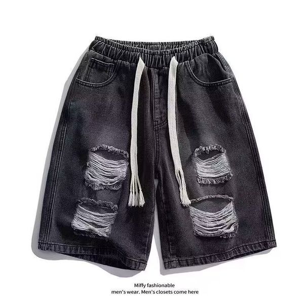 Men's Clothing Drawstring Elastic Waist Ripped Denim Shorts Street Fashion Straight Large Size Casual Five Point Mid Length Pants_viptrois.com
