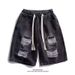 Men's Clothing Drawstring Elastic Waist Ripped Denim Shorts Street Fashion Straight Large Size Casual Five Point Mid Length Pants_viptrois.com