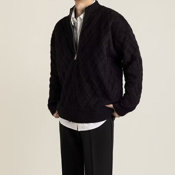 Men's Stylish Stand Collar Knit Cardigan - Autumn Winter Casual Sweater With Loose Fit, Trendy Japanese Style, Breathable & Machine Washable_viptrois.com