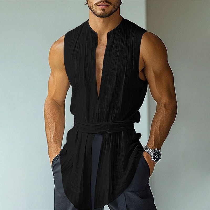 Men's Clothing V Neck Sleeveless Strap Design Vest Fashion Lace Up Design Top_viptrois.com