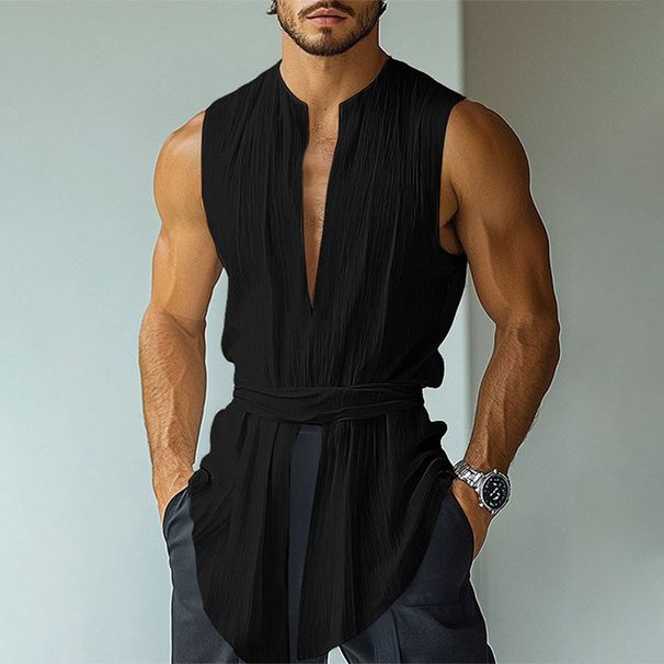 Men's Clothing V Neck Sleeveless Strap Design Vest Fashion Lace Up Design Top_viptrois.com