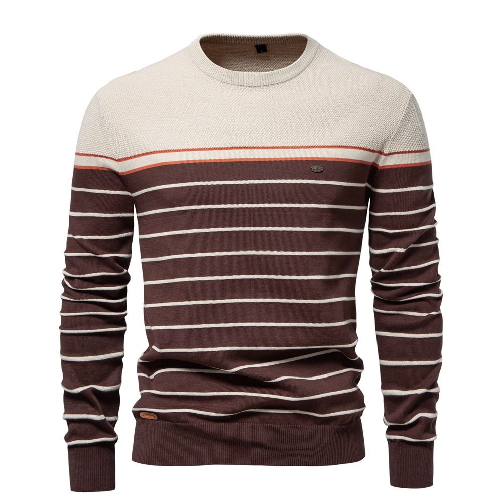 Men's Clothing New Striped Color Matching Long Sleeved Men's Knitted Sweater Fashionable Round Neck Men's Casual Sweater_viptrois.com