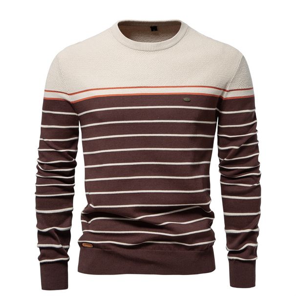 Men's Clothing New Striped Color Matching Long Sleeved Men's Knitted Sweater Fashionable Round Neck Men's Casual Sweater_viptrois.com
