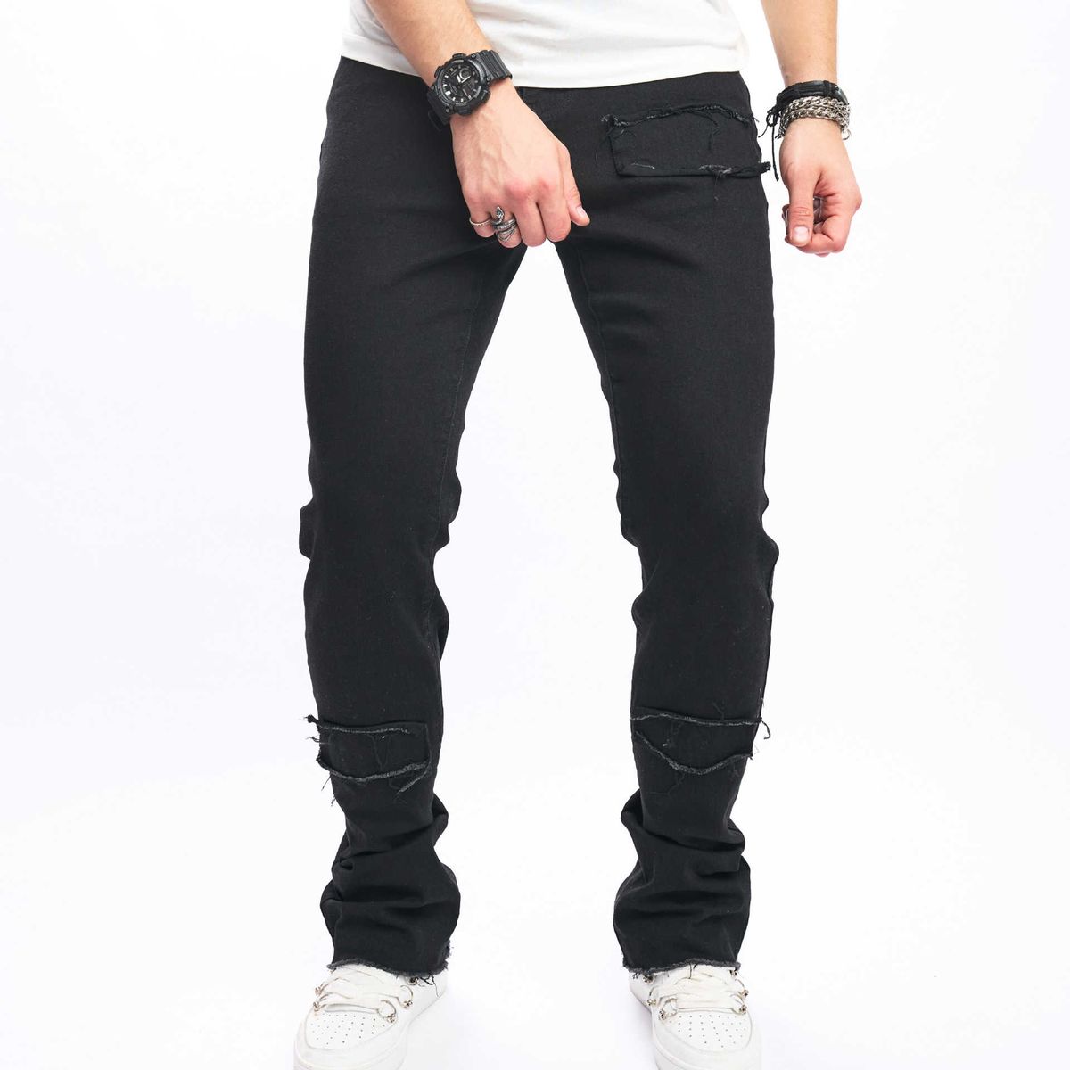 Trendy Tight Fitting Micro Flared Denim Pants For Men's Commuting, Small Horn Solid Color Jeans_viptrois.com