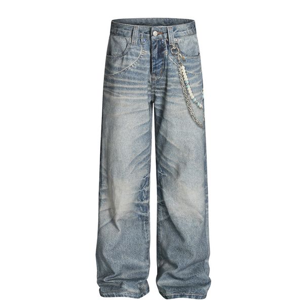 Washed Jeans For Men Vintage Water Ripple 3D Digital Print Chain Pendant Niche Loose Straight Long Pants Trendy_viptrois.com