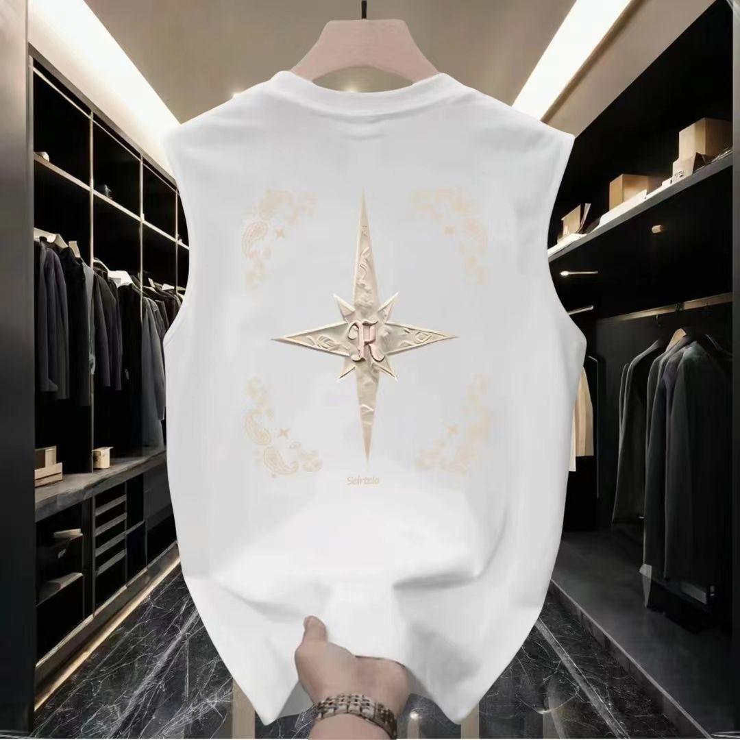 Casual Fashion Heavy Cotton Vest Men's Summer 2024 New Ins Trendy Brand Printed Sleeveless T-shirt Men's Clothing_viptrois.com