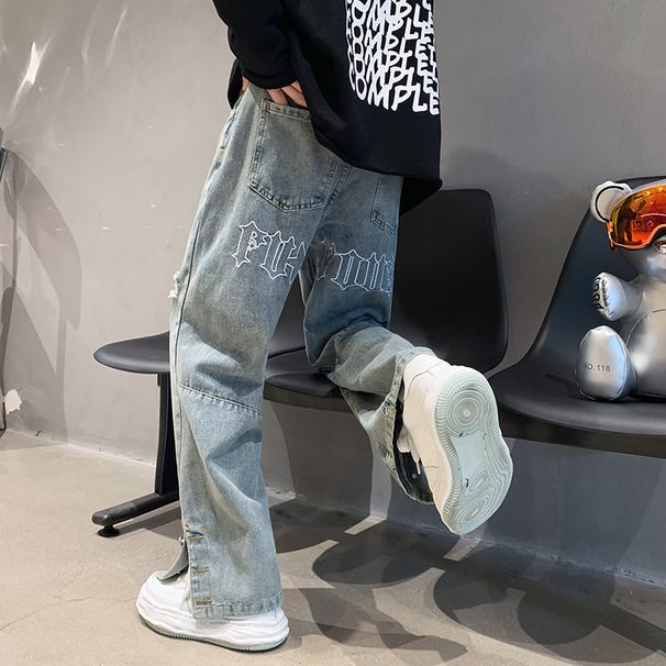 Men's Clothing Letter Embroidered Jeans Men's Spring And Summer High Street Fashion Hip Hop Straight Pants Korean Style Handsome Wide Leg Trousers_viptrois.com