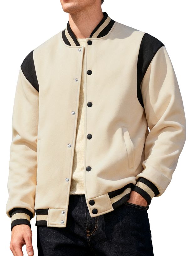 Men's Fleece-Lined Baseball Jacket With Stand Collar – Streetwear Hybrid For Urban Athletes (Contrast Sleeve Panels & Zippered Pockets)_viptrois.com