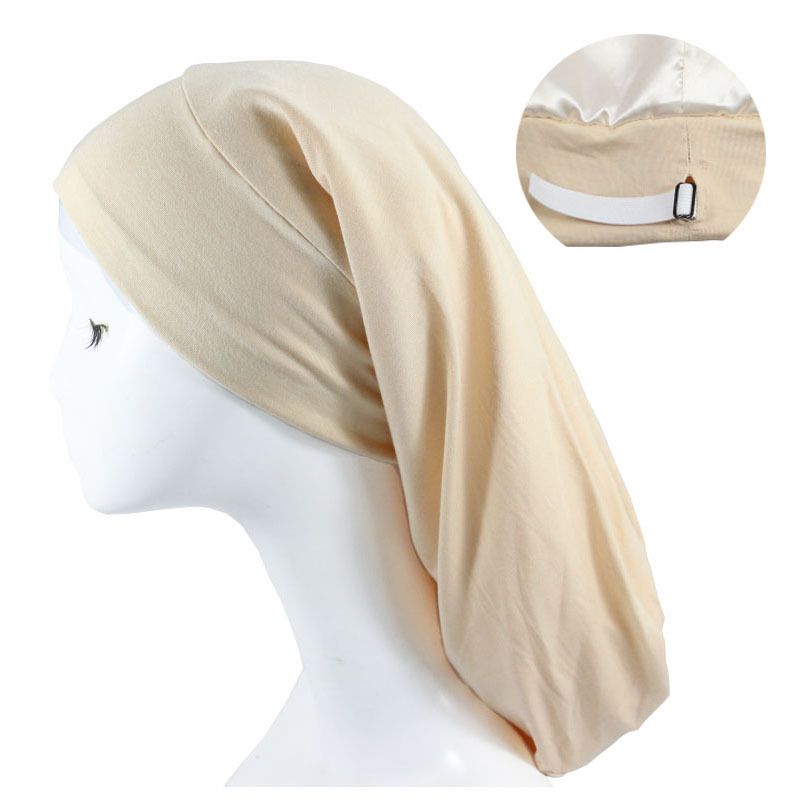 Large size women's long tail sleeping cap double layer satin pullover hat elastic elastic adjustable hat hot selling_viptrois.com