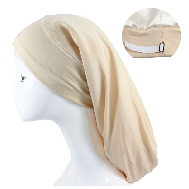 Large size women's long tail sleeping cap double layer satin pullover hat elastic elastic adjustable hat hot selling_viptrois.com
