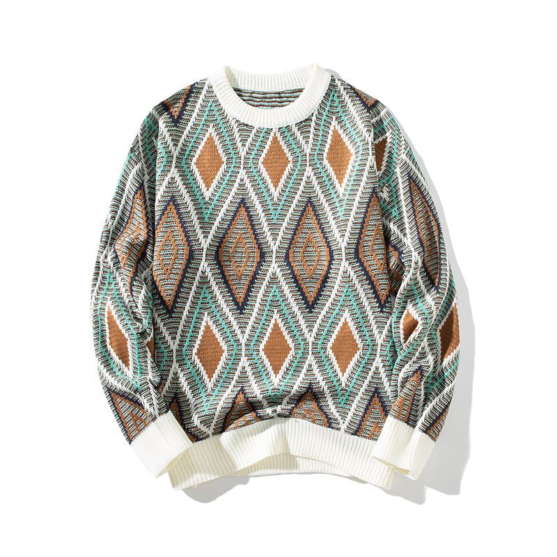 Sweater Men's Autumn And Winter New Style American Diamond Grid Jacquard Loose Casual Round Neck Pullover Contrasting_viptrois.com