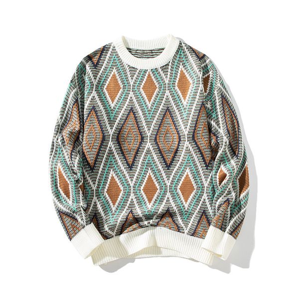 Sweater Men's Autumn And Winter New Style American Diamond Grid Jacquard Loose Casual Round Neck Pullover Contrasting_viptrois.com