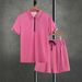 Men's Textured Knit Short Sleeve Shirt With Collar And Drawstring Shorts Set - Solid Color Casual Two Piece Outfit_viptrois.com