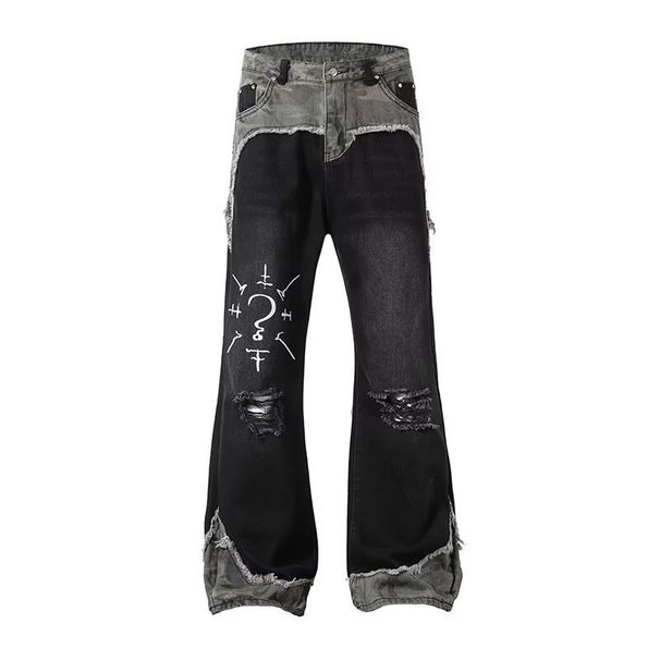 Men's Clothing Regular Trendy Teenagers High Street Graffiti Camouflage Patchwork Jeans Men And Women Spring And Autumn Trousers Zipper Trend_viptrois.com