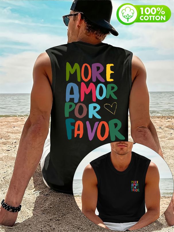 Canotta Uomo Girocollo 100% Cotone Stampa Cuori E Lettere Morbida Traspirante Senza Maniche Estiva Spiaggia Casual Multicolore_viptrois.com