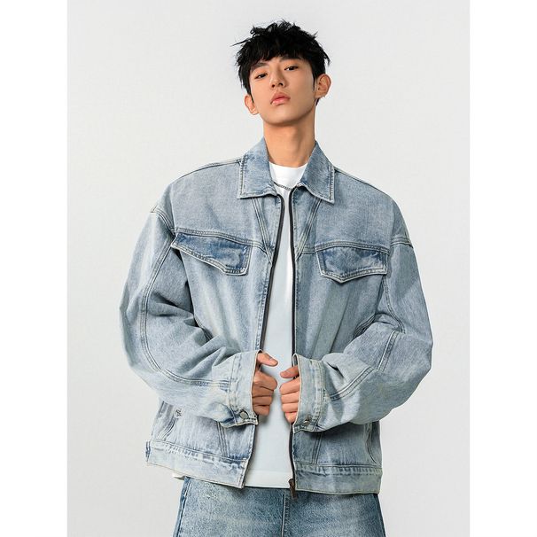 American Blue Denim Jacket For Men, Spring New Style, Heavy-Duty Washed Lapel Jacket, Fashionable And Cool Top_viptrois.com