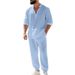Men's Autumnal Linen Suit Loose Fit Hawaiian Print Long Sleeve Henley Shirt And Trouser Set For Home And Commuting_viptrois.com