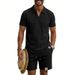 Men's Casual Polo Shirt And Shorts Suit Waffle Knit Simple Label Seagull Collar_viptrois.com