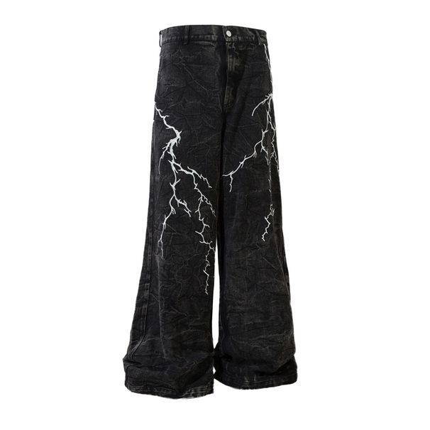 Jiayiku 2025 High Street American Washed Micro La Jean Men's Lightning Embroidered Design Wide Leg Pants_viptrois.com